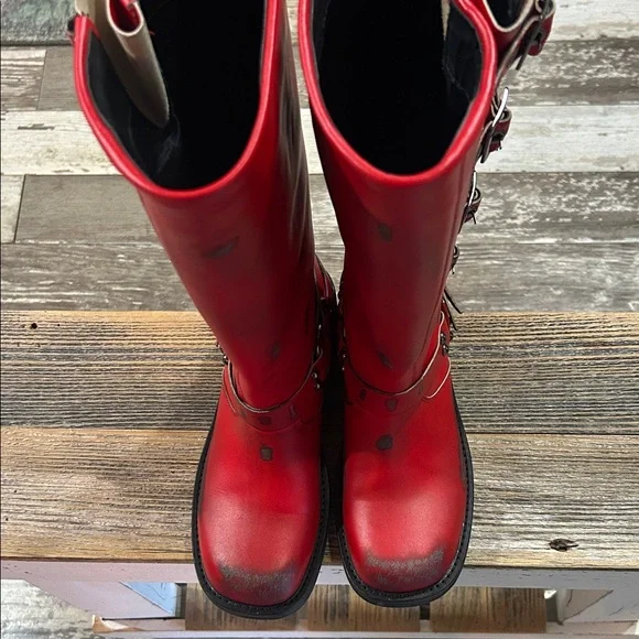 Steve Madden Red Combat Boots with Buckles - Picture 3 of 7